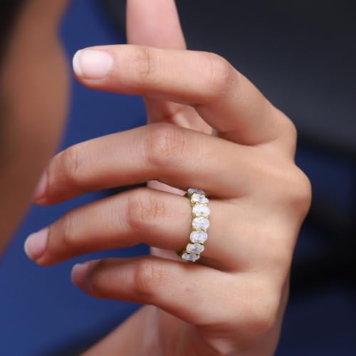 3 Carat 6X4MM Oval Cut Lab Created Moissanite Seven Stone Engagement Ring For Women In 14K Gold Plated Sterling Silver Half Eternity Stackable Band Ring (VVS1/3.00 Cttw)4