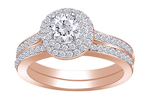 Round Diamond Halo Bridal Wedding Engagement Ring In 14kt Rose Gold Band Set 1.00 Ring Size-6.5