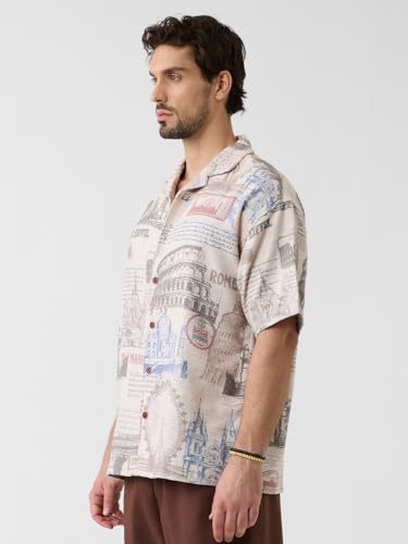 Image of The Souled Store Hawaiian Shirt: Monuments Men and Boys Short Sleeves Collared Neck Button Front Grey All Over Printed Polyester Blend Oversized Fit Holiday Shirts