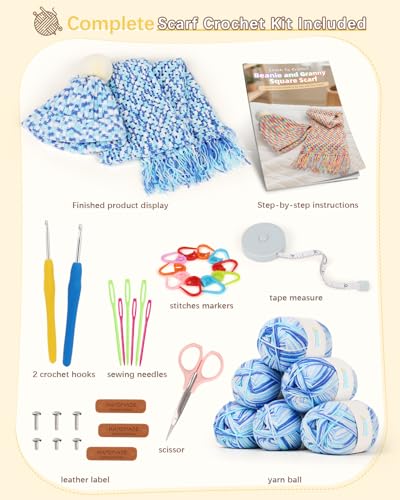 Image of Katech Crochet Kit for Beginners w /Step-by-Step Instruction for Hat, Scarf