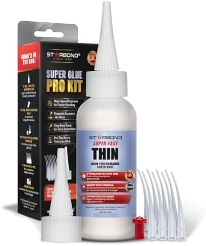 Starbond Super Fast Thin CA Glue – Super Glue Pro Kit with Precision Microtips Anti-Clog Cap & Extra Nozzles – Premium Cyanoacrylate Adhesive for Cracks, Joints, Woodturning, Hobby & Repairs, 2 oz