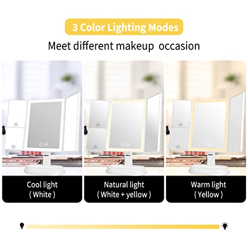Makeup Mirror With Lights - 3 Color Lighting Modes,60 Led Lighted Cosmetic Mirror,1X 5X 7X Magnification, Touch Screen,90 Degree Adjustable Rotation, Dual Power Supply, Portable Trifold Mirror #TOP2