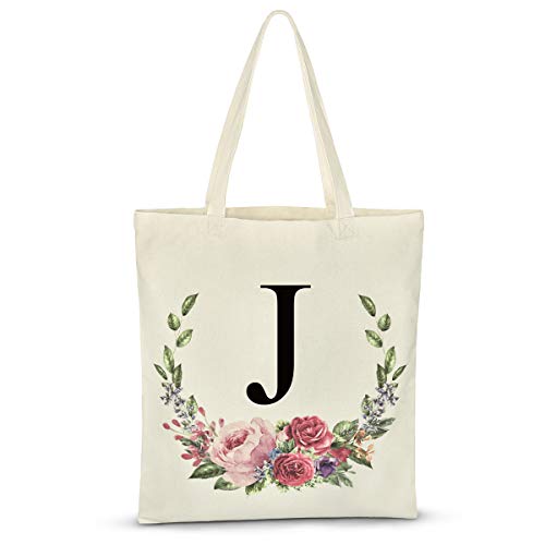 Product Image of the Personalized Floral Initial Tote Bags for women Canvas Tote Bags Reusable Grocery Shopping Bags for Bridesmaids Wedding Bachelorette Birthday Party Large Book Tote Gift Bags Eco - Friendly (Letter J)
