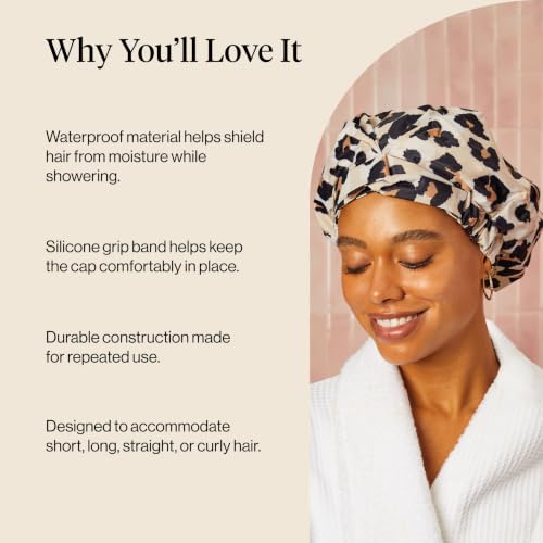 Image of Kitsch Luxury Large Shower Cap for Women - Leopard | Shower Caps for Women Reusable Waterproof - Non-slip, Comfortable Quick-dry Hair Shower Cap for All Hair Types