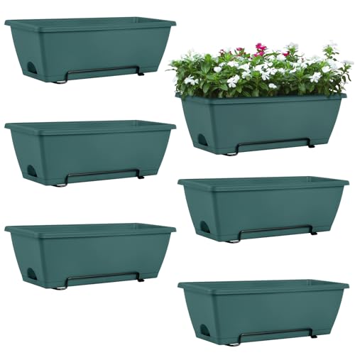 HAITRAL Railing Planter Boxes (16.9 Inch, 6 Pack) Green Plastic Deck Rail Planters for Outdoor Plants, Hanging Window Boxes with Drainage Tray for Over Rail Porch Fence,Balcony & Home Decor