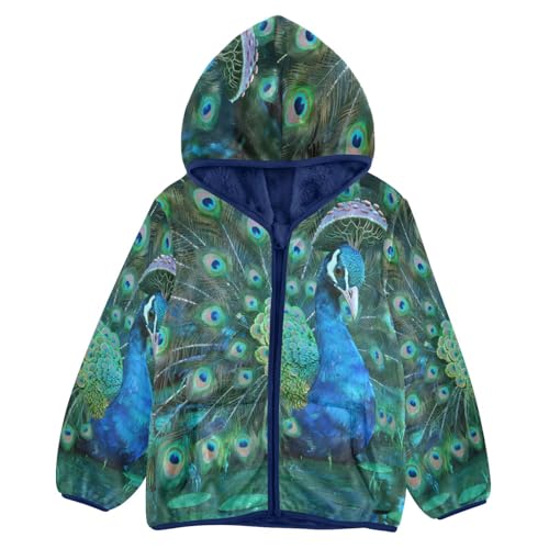 Vivid Peacock Feathers Toddler Fleece Jacket Girl Boys Hooded Fleece Jacket Coat Warm Outwear Zip-up 3-10T