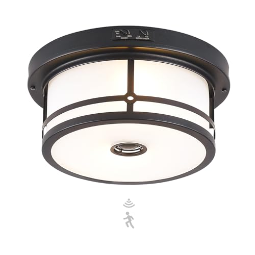 Outdoor Flush Mount Motion Sensor Ceiling Light,2-Light Industrial Porch Lights Ceiling Mount Black Finsh with Clear Frosted Glass for Front Porch, Garage, Patio, Entryway, Farmhouse