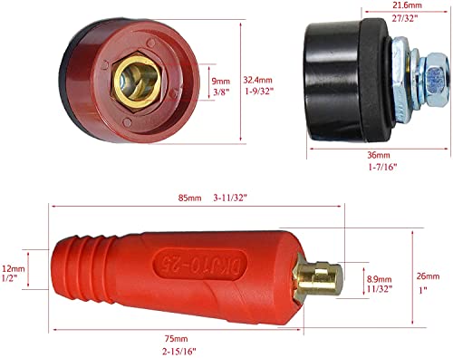 Image of RIVERWELD TIG Welding Cable Panel Connector Plug DKJ10-25 200Amp with Red Color Dinse-Style Quick Fitting 2pcs | with Red Color Dinse-Style Quick Fitting