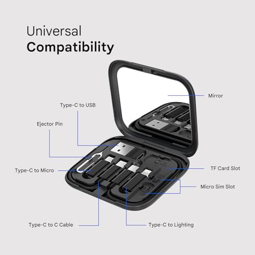 Image of HUMBLE SnapKit 60W Fast Charging Cable 6-in-1 Kit - USB-A & Type-C to Micro USB /Type-C /Lighting, Data Transfer, SIM Storage, Eject Pin, Pocket Mirror, Phone Stand, Travel Organizer Case (Black)