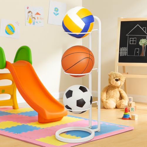 Image of ARHAT ORGANIZERS 3 Tier Sports Ball Stand, Modern Vertical Metal Ball Storage Rack - Holds Basketball, Volleyball, Football - Space-Saving Organizer for Home, Gym, Sports Room