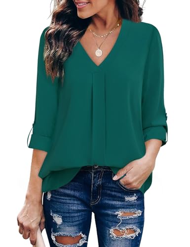 Youtalia Ladies Tunic Tops 3/4 Sleeve, Womens Fall Cuffed Sleeve V Neck Office Shirt Pleated Curved Hem Business Casual Tops Blouse (Large, Dark Cyan)