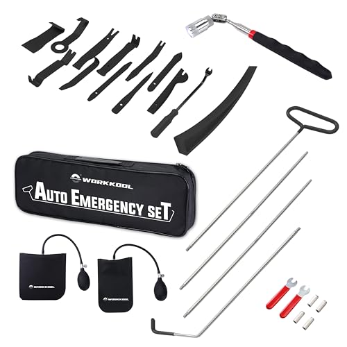WORKKOOL 26PCS Car Tool Kit with Stainless Steel Assorted 5th Wheel Pin Puller 68 inches Long Distance Puller Hook Air Wedge and Magnetic Pickup Tool with Flashlight