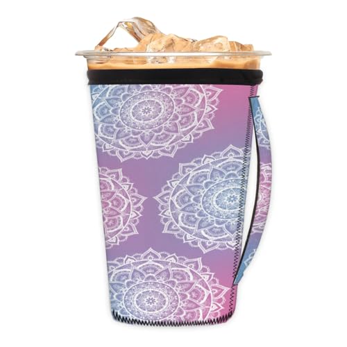 Mandala Colorful M Reusable Iced Insulator Coffee Sleeves Neoprene Insulated Sleeves With Handle Coffee Sleeves for Iced Coffee Cups Drinks