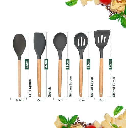 Image of Baskety Kitchen Utensil Set of 5 PCS Non Stick Silicone Cooking Utensils with Wood Handles Cookware Spatula Spoon Set BPA Free Best Kitchen Tool Set Gift-Heat Resistant Tools.