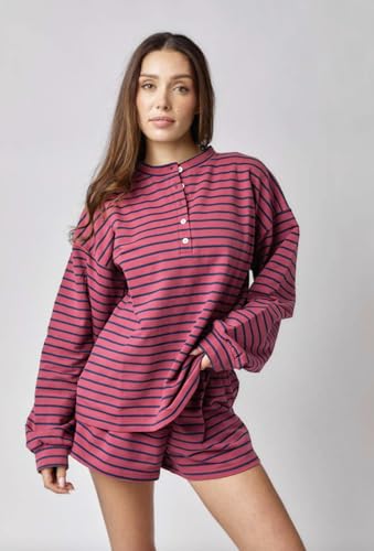Image of Almere Oversized Cotton Henley Longsleeve Tee, Striped Button Down, Boyfriend Fit