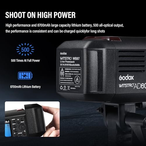 Godox AD600BM 600Ws GN87 HSS 1/8000s Outdoor Flash Strobe Studio Monolight with Bowens Mount, 8700mAh Battery, 2.4G Wireless X System with Standard Reflector