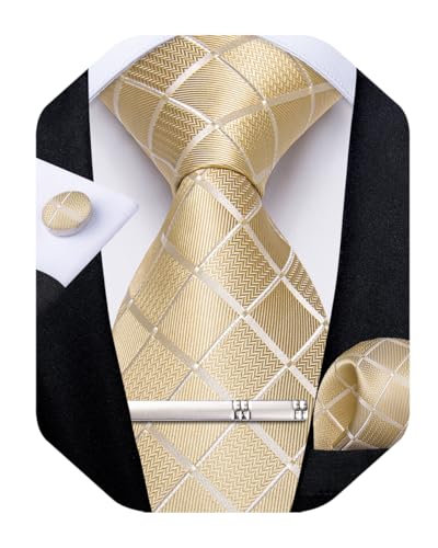 Image of DiBanGu Mens Silk Plaid Tie and Pocket Square Set | Elegant Silk Formal Tie Set, Woven Check Necktie and Cufflinks Tie Clip Set, Perfect for Wedding Party, Comes in Gift Box
