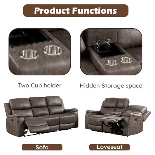 Image of CANMOV Manual Reclining Loveseat Sofa with Console,Faux Leather Double Recliner Loveseat Sofa with Hidden Storage and Cup Holders,Manual Recliner Loveseat Couch Set for Living Room,Grey