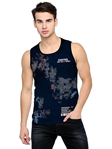 Image of Jump Cuts Mens All Over Printed Round Neck Sleeveless Black and Grey Cotton Slim Fit Vest