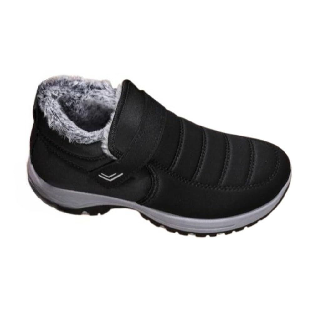 Faithgee Couple Plush Lined Ankle Boots Slip-On Soft Sole Anti-Slip Snow Boots Easy Open Warm Winter Flat Shoes