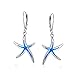 Nautical Aquatic Tropical Beach Vacation Iridescent Blue Created Opal Inlay Starfish Dangle Drop Lever back Earrings For Women .925 Sterling Silver