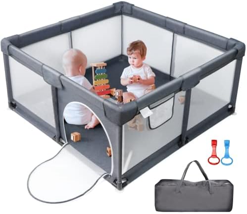 Joypony Baby Playpen, (50x50x27inch) Large Playpen for Babies and Toddlers, Sturdy Safety Play Yard for Infant, Indoor & Outdoor Play Pen with Gate, Baby Fence with Soft Breathable Mesh, Hand Rings
