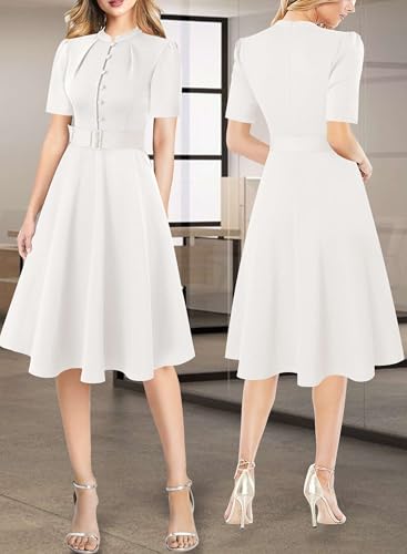 Image of VFSHOW Womens 2024 Business Work Office Pockets Belted Buttons Elegant Fit and Flare A-Line Dress