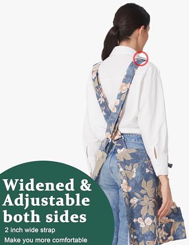 Image of Cozy Adjustable Cross Back Aprons for Women with Pockets Cotton Linen Cooking Kitchen Baking