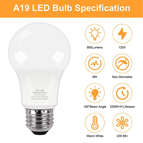 PARTPHONER A19 LED Light Bulb, 60W Equivalent, 9W 2700K Soft White, E26 Standard Base Non-Dimmable LED Light Bulb, CRI 85+, 6 Packs - Thumbnail 2