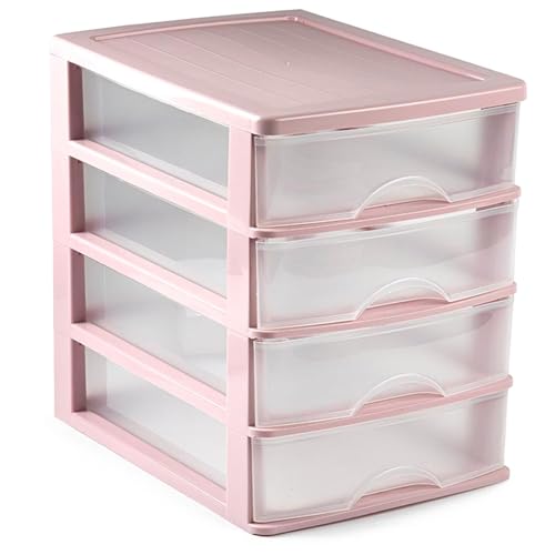Acan Tradineur - Cajonera de sobremesa - Fabricado en España - 4 Cajones Transparentes - Torre de almacenaje, armario, baño, oficina - 35 x 27 x 35,5 cm - Color Rosa