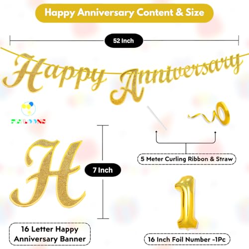 Image of Flyloons 1st Happy Anniversary Banner Gold Decorations Kit for Men Women Wedding Anniversary Banner Items without Balloons