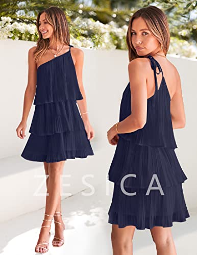 Image of ZESICA Women's Boho Summer One Shoulder Sleeveless Ruffle Tiered Layered Chiffon Pleated A Line Flowy Mini Dress