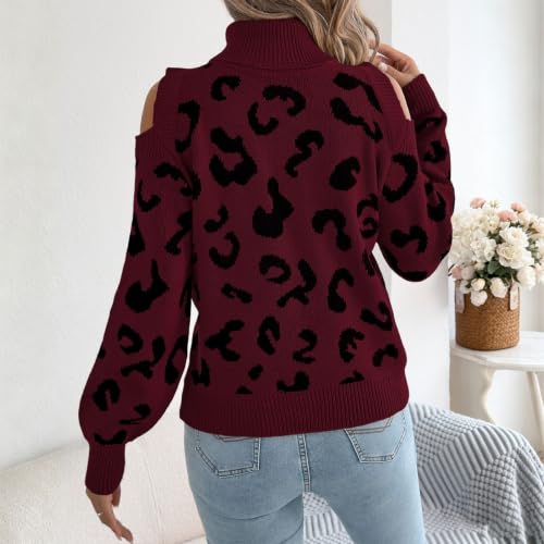 Women's Leopard Print Turtleneck Long Sleeve Cold Shoulder Knit Sweater - image 6