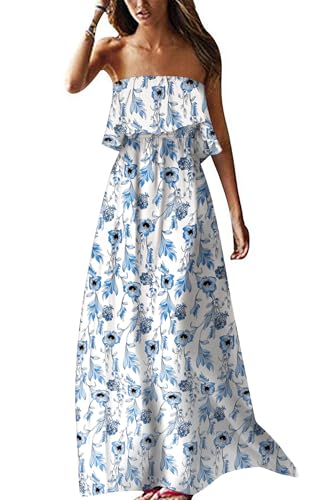 Image of ZMPSIISA Women's Summer Off The Shoulder Maxi Dress Ruffle Strapless Blue White Porcelain Boho Casual Loose Long Dresses