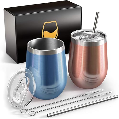 FloweryOcean Weinbecher aus Edelstahl,2 Stück 12OZ Weingläser to go,hält...