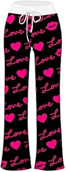 Valentijnsdag Jurk Broek Wijde Pijpen Casual Palazzo Broek Hart Print Elastische Hoge Taille Wijde Pijpen Broek Trekkoord Loungwear Losse Fitting Katoen Trek Op Jurk Broek Baggy, Hemelsblauw, M