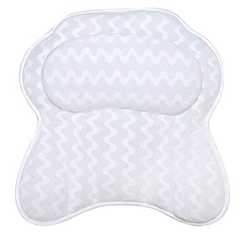 VANZAVANZU Bath Pillow, Bathroom Bathtub Spa Pillow Features Washable Luxurious 3D Breathable Air Mesh Technology Ergonomic With 6 Premium Suction Cups Support Head, Neck, Shoulder, Back (White)