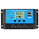 30A Solar Charge Controller 12V/ 24V Solar Panel Charge Controller Intelligent Regulator with 5V Dual USB Port Display Adjustable Parameter LCD Display and Timer Setting ON/Off Hours (1) (1pcs)