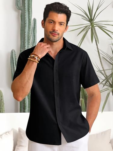 Runcati Mens Button Down Linen Shirts Short Sleeve Casual Collared Summer Beach Untucked Tops2