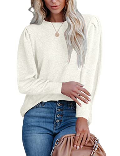 Womens Puff Sleeve Sweaters Crewneck Loose Pullover Tops Solid Color Lightweight Knit Casual Blouse Shirts3
