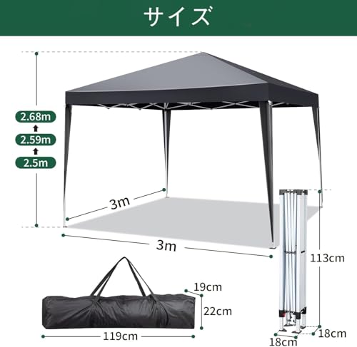 undefined TOPAIM サイドシート4枚付き タープテント 3m×3m 収納バッグ付き 3段階調節 UVカット スチール 大型 耐水 ワンタッチテント 蚊帳テント レジャー イベント 海 バーベキュー 防災 運動会 おしゃれ 日除け 簡単取り付け (3mx3m(グレー)) の商品画像 8