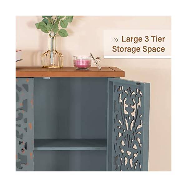 Mfstudio accent wood storage cabinet with 3 doors large farmhouse buffet sideboard carved decorative storage cabinet for living room entryway hallway 13 dx417 wx315 h blue  urban country home decor