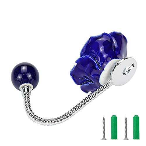 Woogim 2 Pcs 3D Flower Ceramic Wall Coat Hook，Chrome Decorative Robe Hook, Scarf, Bag, Towel, Hat Etc For Kitchen Bathroom Office(Blue Rose With Plated Gold) #TOP3