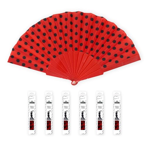 HUSL ABANICOS PLASTICO 23 CM-COLORS CON CAJA , ABANICOS PARA EVENTOS, DETALLES PARA LOS INVITADOS, REGALOS DE BODA, FIESTAS, COMUNIÓN O BAUTIZO, REGALOS COMUNIÓN PARA INVITADOS (Rojo punto_6unds)