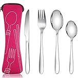 Acehome Cutlery Set with Portable Pouch Case, Stainless Steel Flatware Camping Utensil Set with Neoprene Bag for Outdoor Travel Picnic Office School Lunch Box (4 Pcs Rose Red)