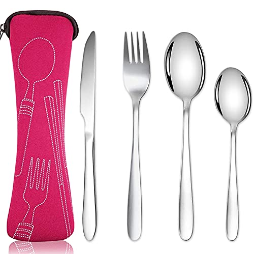 Acehome Ensemble de couverts avec étui portable, couverts en acier inoxydable avec sac en néoprène pour l'extérieur, voyage, pique-nique, bureau, école, boîte à déjeuner (4 pièces rose rouge)