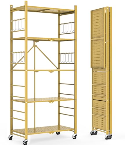 Image of Himix 5-Tier Foldable Storage Shelves with 20 Hooks Wheels Bookshelf Gold