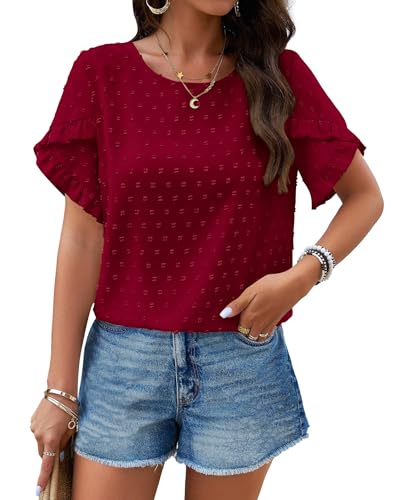 PRETTYGARDEN Women Summer Ruffle Sleeve Swiss Dots Tunic Top