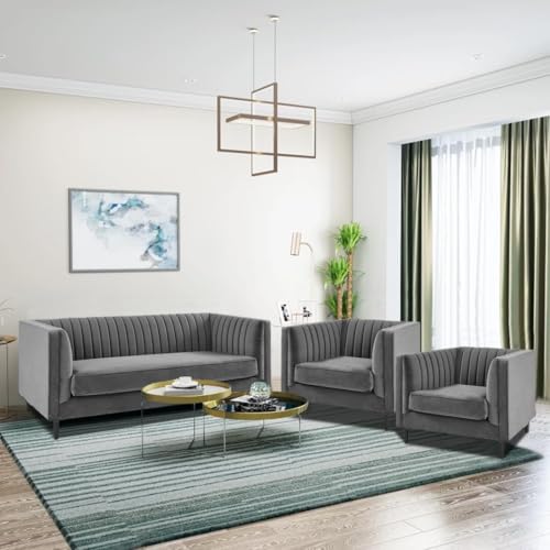 Image of FURNY Modanway 5 Seater 3+1+1 Premium Fabric Spacious Sofa Set (Grey)