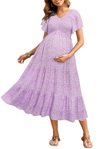 Maternity Dress Photoshoot Baby Shower Easter Pregnancy Summer Purple Floral Casual Flowy Midi Flutter Sleeve Dress 2025
